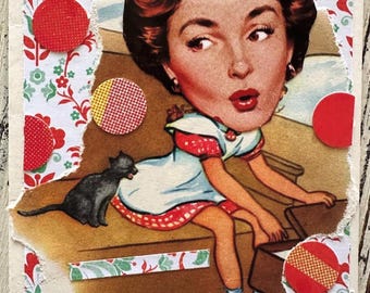 Collage Greeting Card, Retro Black Cat, Altered Art, Ticket to Ride