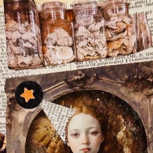 May include: Collage art featuring four glass jars filled with shells and fragments, arranged above a portrait of a woman with long red hair. A black circle with an orange star is on the left.