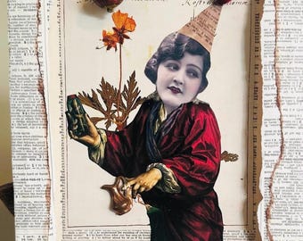 Mixed Media Artwork - The Sweetest Tweet.  8”x10” stretched canvas panel, reversed. Vintage party girl.