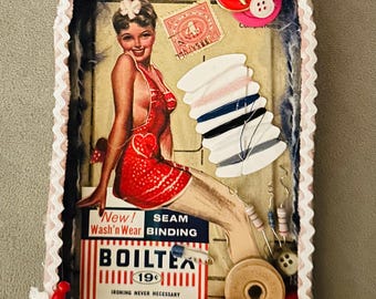 Crafty Kitschy OriginalAltered Art, Assemblage Collage, Pin Up Girl Sewing Theme, Seamstress, Retro, Vintage.