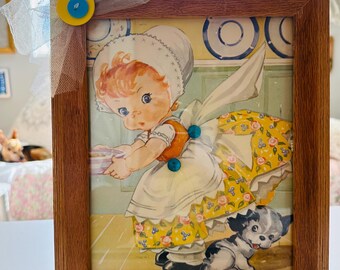 Vintage Kitsch Mixed Media Collage, Little Girl Feeding Puppy, Children's Book Page, Framed Whimsy