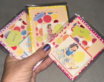 3 Mini Hand-Cut Collage Whimsical Notepads.  Tiny Altered Journals, blank inside, ruled paper. Retro Altered Art, Mixed Media (3.5" x 4.25")