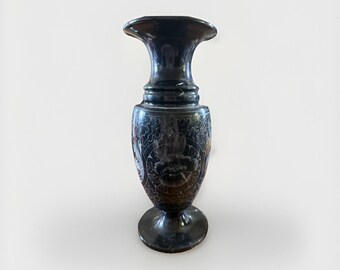 Vintage Black Marble Decanter & Shot Glass Set Floral Etched Barware