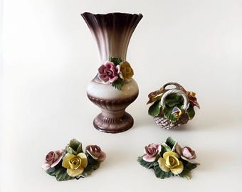 Vintage Handcrafted Nuova Capodimonte Porcelain Vase, Candle Holders, and Decor