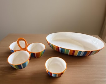 Crate & Barrel Raya Carnivale Stripe Serving Set Oval Bowl 3 Section Condiment
