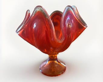 MCM Viking Glass Epic Persimmon Amberina 6 Petal Handkerchief Compote Bowl 6.5"