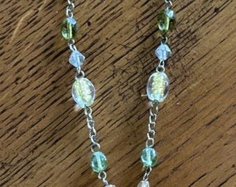 Vintage Boho Carved Teardrop Pendant Necklace Green Glass Bead Chain