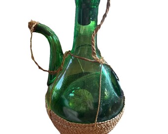 Vtg Italian Green Glass Wine Decanter Chiller Ice Chamber Wicker Spout Mid Cent.
