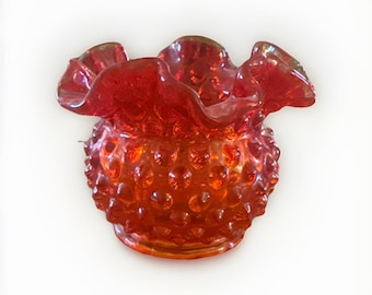 Fenton Glass Red Amberina Hobnail Small Ruffled Top Vase UV Cadmium Glow 3.25 In