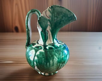 Vintage Mexican Pottery Pitcher Green Drip Glaze Sawtooth Rim Oaxaca Folk Art