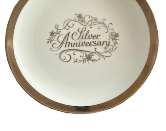 Plato de aniversario de plata Schumann Arzberg Bavaria de 7,5 pulgadas, corona dorada E&R 1886