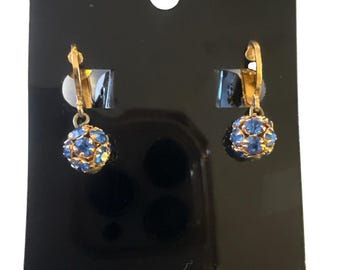 Vintage Austria Blue Rhinestone Pave Ball Dangle Clip On Earrings Mid Century