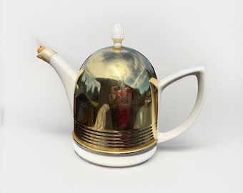 Hall China Co. Forman Family Inc. Ceramic Cozy Teapot w Gold Metal Dome Cover