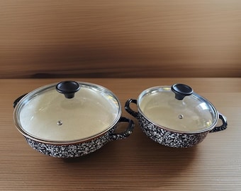 Chefs Atelier Enamelware Pot Set 2.4 & 3.4 QT Black White Speckled Cookware Lids