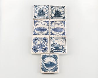 Vtg Holland America Line Delft Tile Coasters Set of 7 Ships - Maasdam Statendam