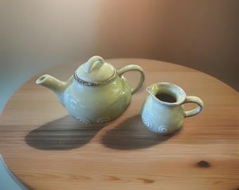 Euro Ceramica Green Olive Swirl Embossed Teapot & Creamer Set 2pc Vintage