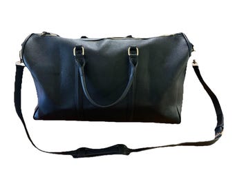Black Genuine Leather Travel Duffle Holdall Weekend Bag w/ Detachable Strap 20"