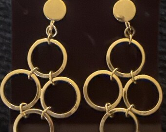 Vintage Multi Circle Dangle Clip On Earrings 70’s-80’s Gold Toned Base Geometric
