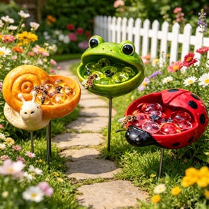 Könnte beinhalten: Drei skurrile Gartenstecker: eine orangefarbene Schnecke, ein grüner Frosch und ein roter Marienkäfer. Jeder Stecker hat eine Schale mit dekorativen Glassteinen und einer Bienenfigur. Die Stecker stehen in einem üppigen Garten.