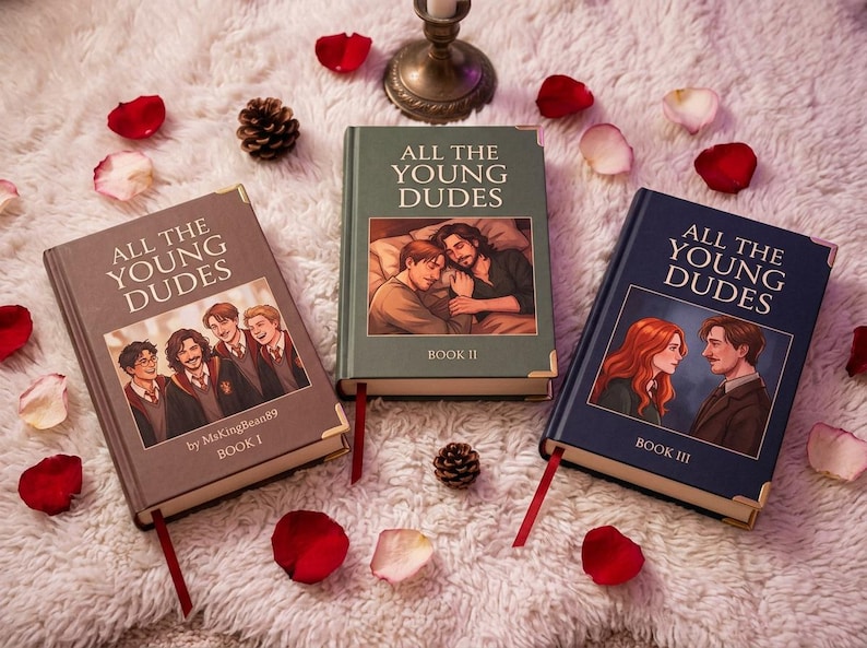 Puede incluir: Tres libros de tapa dura titulados "All The Young Dudes" se exhiben sobre una superficie blanca y esponjosa, cada uno con una ilustraci&oacute;n de portada diferente. El libro I es marr&oacute;n, el libro II es verde y el libro III es azul marino. P&eacute;talos de rosa rojos y una pi&ntilde;a rodean los libros.