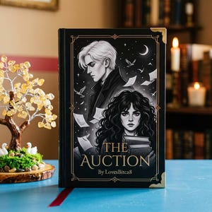 Puede incluir: Un libro de tapa dura titulado "THE AUCTION" con una cubierta negra que presenta ilustraciones de dos personas, una luna creciente y papeles volando. El libro tiene detalles dorados en las esquinas y el nombre del autor, "By LovesBitca8".