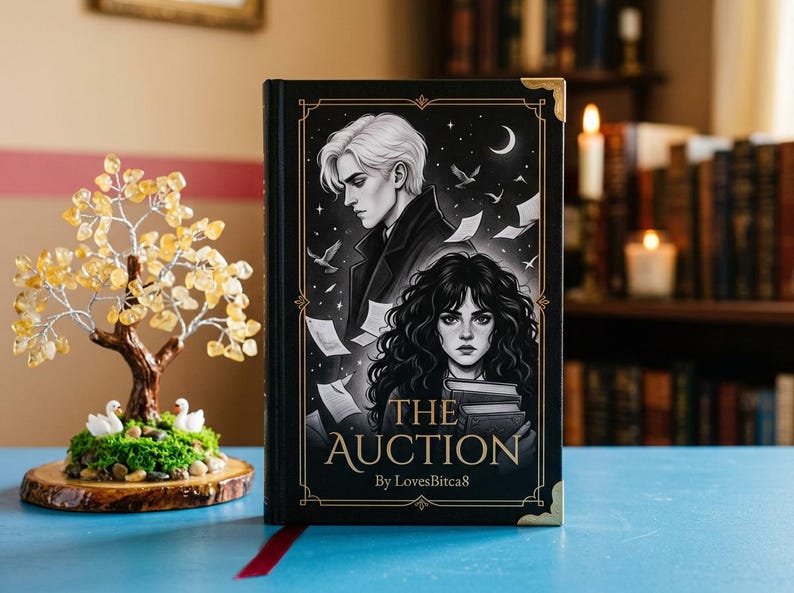 Puede incluir: Un libro de tapa dura titulado "THE AUCTION" con una cubierta negra que presenta ilustraciones de dos personas, una luna creciente y papeles volando. El libro tiene detalles dorados en las esquinas y el nombre del autor, "By LovesBitca8".