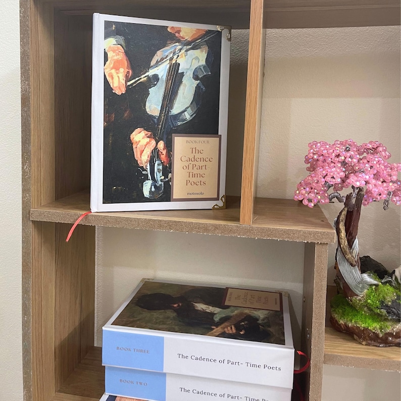 May include: A bookshelf displays several books. The top book, titled "The Cadence of Part Time Poets," features a painting of a person playing a violin. Below are two more books with the same title. A small pink beaded tree sits on the shelf.