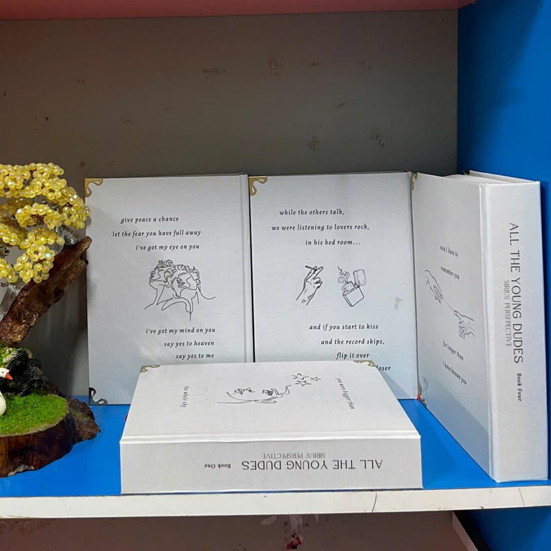 May include: A collection of white books with black text and line art illustrations. The books include the text "ALL THE YOUNG DUDES" and song lyrics. The books are displayed on a white shelf.
