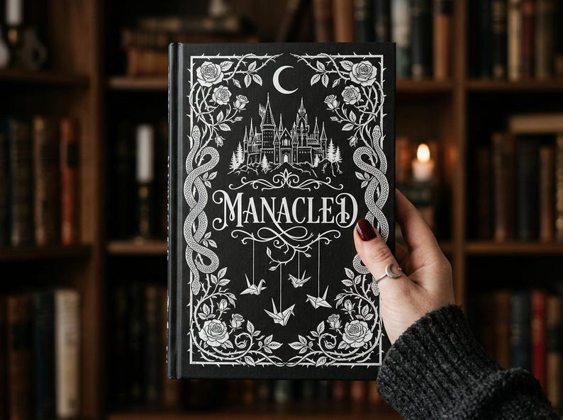 May include: A black book titled "MANACLED" with white decorative elements. The cover features a castle, crescent moon, roses, snakes, and origami birds. The book is held in front of a bookshelf.
