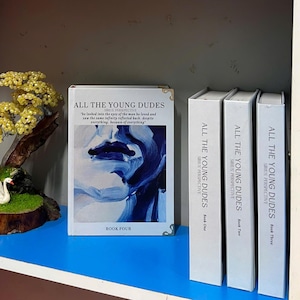 May include: A collection of books titled "ALL THE YOUNG DUDES" with a blue and white abstract design on the cover of Book Four. The spines of Books One, Two, and Three are visible. The books are on a blue shelf.