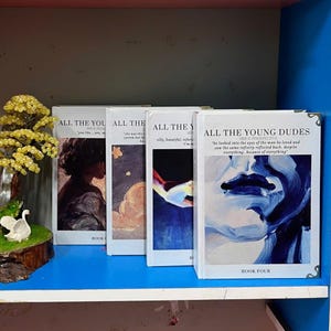 May include: Four hardcover books titled "ALL THE YOUNG DUDES" and "ALL THE YOU" are displayed on a blue shelf. The book covers feature illustrations in shades of blue, purple, and orange. The books are part of a series, with "BOOK FOUR" visible on one.
