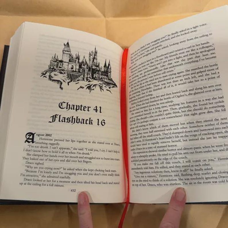 May include: Open book with Chapter 41, Flashback 16, and a drawing of a castle. The text is in black, with a red ribbon bookmark. The page number 432 is visible.