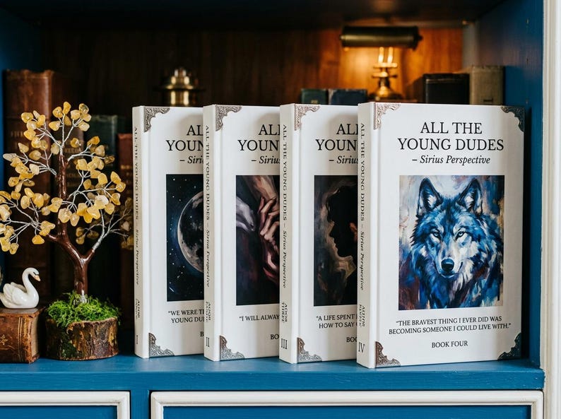May include: Four books titled "ALL THE YOUNG DUDES - Sirius Perspective" are displayed on a blue shelf. The book covers feature illustrations of a wolf, a silhouette, and other abstract images. A decorative tree and swan are also visible.