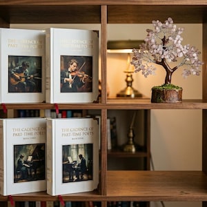 Può includere: Una libreria in legno espone quattro libri intitolati "The Cadence of Part-Time Poets". I libri hanno copertine bianche con illustrazioni di musicisti. Una scultura decorativa a forma di albero con foglie rosa è posizionata sullo scaffale superiore.