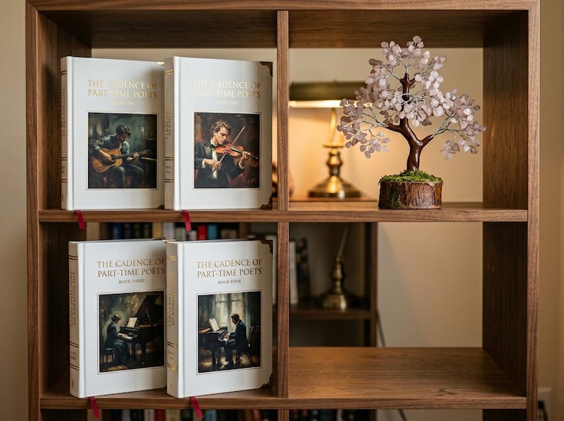 May include: A wooden bookshelf displays four books titled "The Cadence of Part-Time Poets." The books have white covers with illustrations of musicians. A decorative tree sculpture with pink leaves sits on the top shelf.