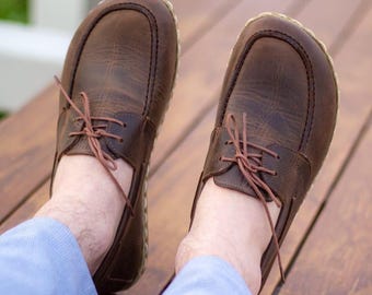 Crazy Horse Brown Barefoot Shoes Men, Wide Toe Box Loafers, Zero Drop Grounding Moccasins