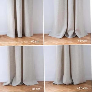 K&ouml;nnte beinhalten: Ein Set aus vier beigen Vorh&auml;ngen in verschiedenen L&auml;ngen im Verh&auml;ltnis zum Boden, beschriftet mit den Ma&szlig;en +0 cm, +6 cm, +8 cm und +15 cm, die zeigen, wie sich der Stoff bei unterschiedlichen L&auml;ngen auf dem Boden staut.
