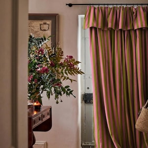Olive green and pink striped handmade blackout curtains made from cotton linen blend fabric with woven yarn-dyed vertical stripes. Features soft cotton blackout lining for light blocking, privacy, and thermal insulation. Cottagecore and farmhouse style window drapes suitable for bedroom, living room, nursery, or cozy home interior decor.