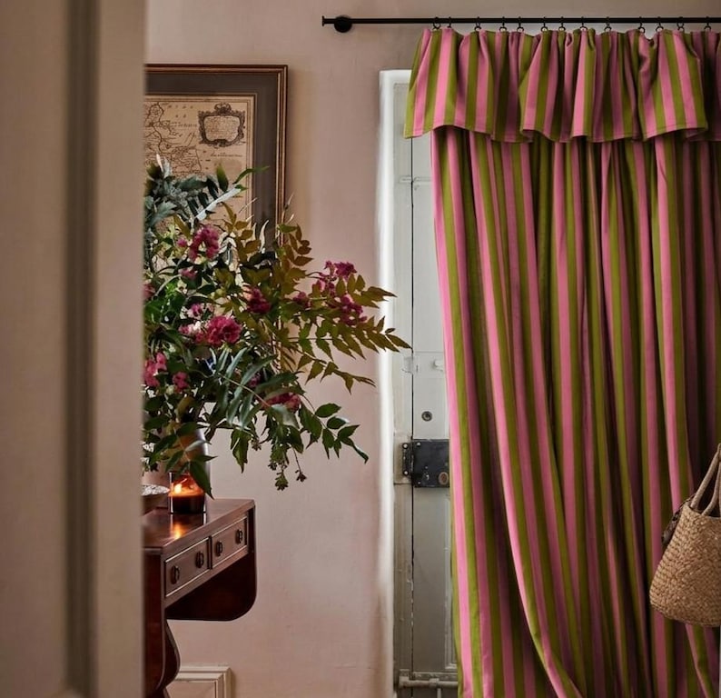 Olive green and pink striped handmade blackout curtains made from cotton linen blend fabric with woven yarn-dyed vertical stripes. Features soft cotton blackout lining for light blocking, privacy, and thermal insulation. Cottagecore and farmhouse style window drapes suitable for bedroom, living room, nursery, or cozy home interior decor.