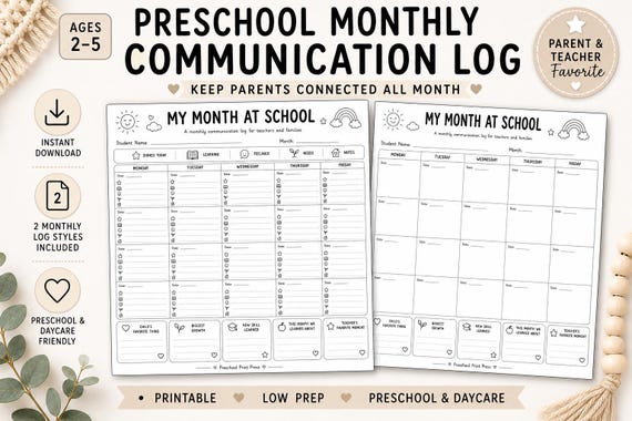 Preschool Monthly Communication Log | Teacher Parent Report (PDF Download)