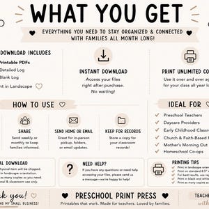 May include: A digital information sheet titled WHAT YOU GET, featuring black text and icons on a light background. It outlines details for two printable PDF logs, including instructions for instant download, printing, daily use, and classroom organization.