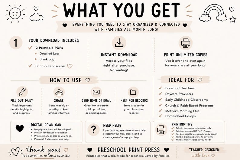 May include: A digital information sheet titled WHAT YOU GET, featuring black text and icons on a light background. It outlines details for two printable PDF logs, including instructions for instant download, printing, daily use, and classroom organization.