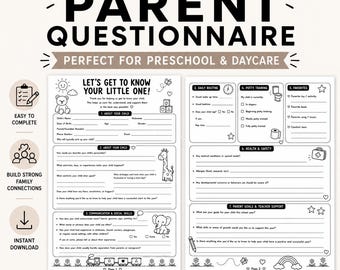 May include: A two-page black and white printable parent questionnaire for preschool and daycare. The document includes sections for child information, daily routine, potty training, favorites, health, safety, and goals with line prompts and icons.
