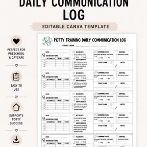 Potty Training Log | Parent Teacher Communication Daily Tracker (Editable Canva Template)