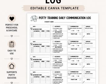 Potty Training Log | Parent Teacher Communication Daily Tracker (Editable Canva Template)