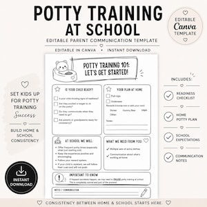 May include: A black and white printable potty training communication template for school and home. The document features sections titled Potty Training 101, Is Your Child Ready, Your Plan At Home, At School We Will, What We Need From You, and Important To Know, with checkboxes and lines for notes.