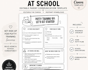 May include: A black and white printable potty training communication template for school and home. The document features sections titled Potty Training 101, Is Your Child Ready, Your Plan At Home, At School We Will, What We Need From You, and Important To Know, with checkboxes and lines for notes.