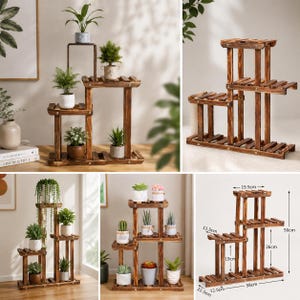 Op de afbeelding: Een meerlaagse plantenstandaard van donkerbruin hout met een lattenontwerp. De structuur heeft verschillende niveaus voor het uitstallen van potplanten. Een diagram toont dat de standaard 58 cm breed, 50 cm hoog en 12,5 cm diep is, met plankhoogtes van 19 cm en 26 cm.