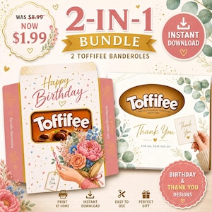 Pode incluir: Um pacote 2 em 1 de duas cintas para Toffifee com designs de aniversário e agradecimento. A cinta de aniversário exibe um buquê de flores e o texto Happy Birthday. A cinta de agradecimento apresenta folhas de eucalipto e o texto Thank You.