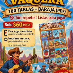 Puede incluir: Descarga digital del juego "Loteria Vaquera", con 100 tablas y una baraja de cartas. La imagen incluye un vaquero tocando la guitarra, cartas del juego y la bandera mexicana. El texto incluye "¡Sin repetir! Listas para jugar."